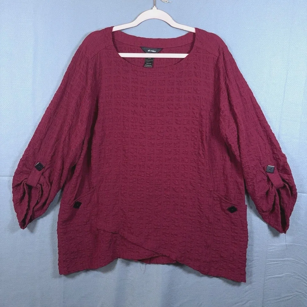 Ali Miles Tunic Blouse Womens 1X Maroon Textured Lightweight Stretch Roll Tab‎